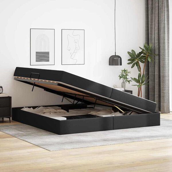 vidaXL Gulta ar uzglabā&scaron;anas vietu un matraci 2 pcs Melna Āda