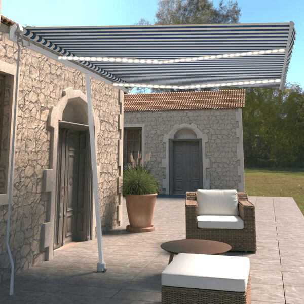 vidaXL izvelkama markīze ar LED, 350x250 cm, manuāla, zili balta