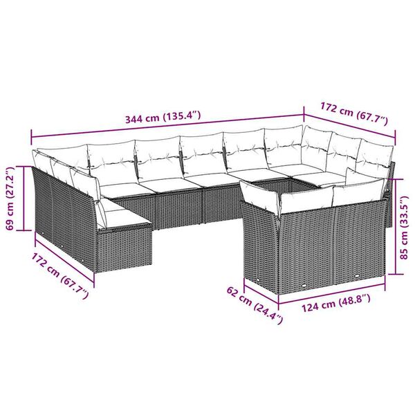 vidaXL 12-daļīgs dārza dīvāna komplekts, matrači, brūna PE rotangpalma
