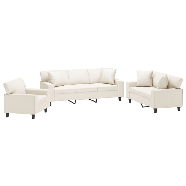 vidaXL trīsdaļīgs dīvānu komplekts, spilveni, krēmkrāsas mākslīgā āda
