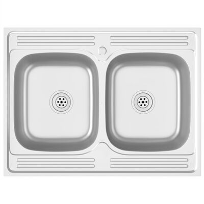 vidaXL virtuves izlietne, 2 bļodas, 800x600x155 mm, nerūsējošs tērauds