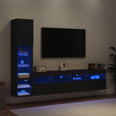 vidaXL 4-daļīgs TV skapīšu komplekts ar LED, melns, inženierijas koks