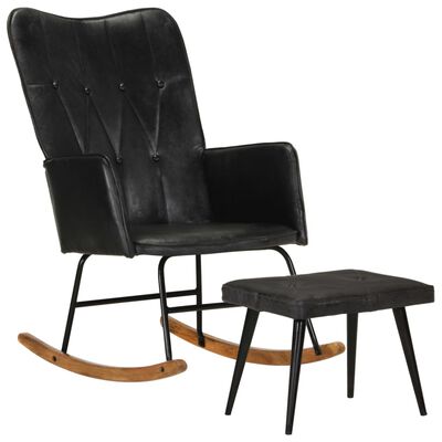 vidaXL šūpuļkrēsls ar kāju balstu, melna dabīgā āda