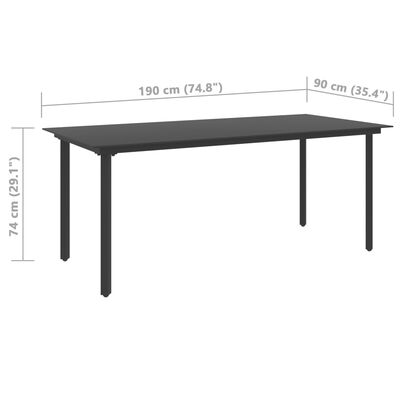 vidaXL dārza galds, melns, 190x90x74 cm, tērauds un stikls