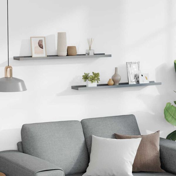 vidaXL sienas plaukti ar apmalēm, 2 gab., pelēki, 80x9x3 cm, MDF