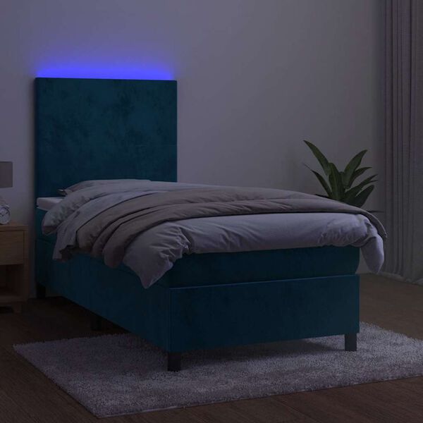 vidaXL atsperu gulta ar matraci, LED, tum&scaron;i zils samts, 90x190 cm