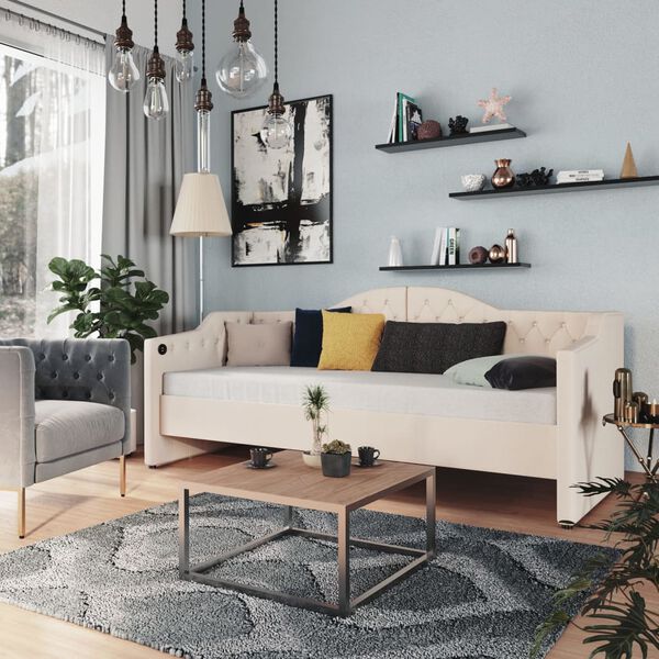 vidaXL dīvāngulta ar matraci, USB, krēmkrāsas audums, 90x200 cm