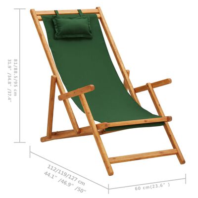 vidaXL saliekams pludmales krēsls, eikalipta masīvkoks, zaļš audums