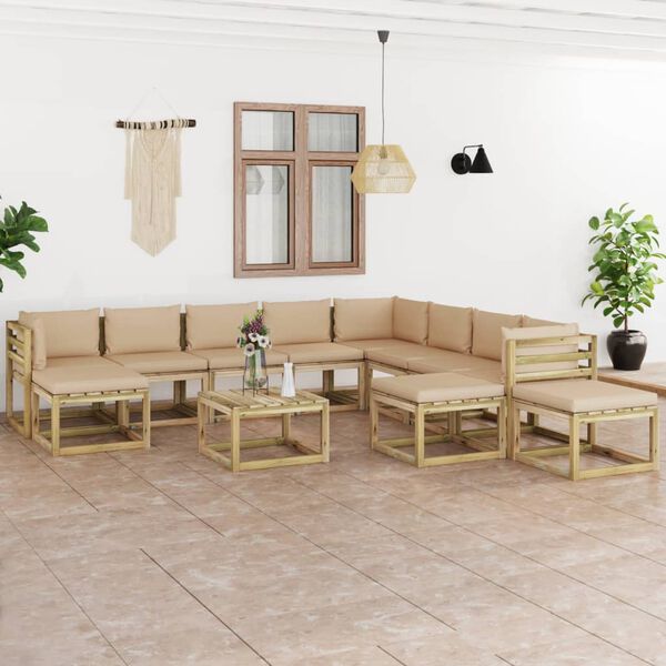 vidaXL 12-daļīgs dārza mēbeļu komplekts ar matračiem, priedes koks