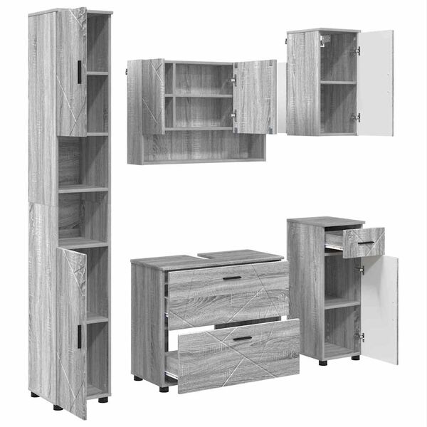 vidaXL Vannas istabas mēbeļu komplekts ar plauktu 5 pcs Pelēks Sonoma