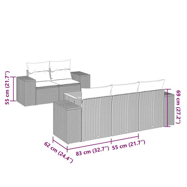 vidaXL 6-daļīgs dārza dīvāna komplekts, matrači, melna PE rotanpalma