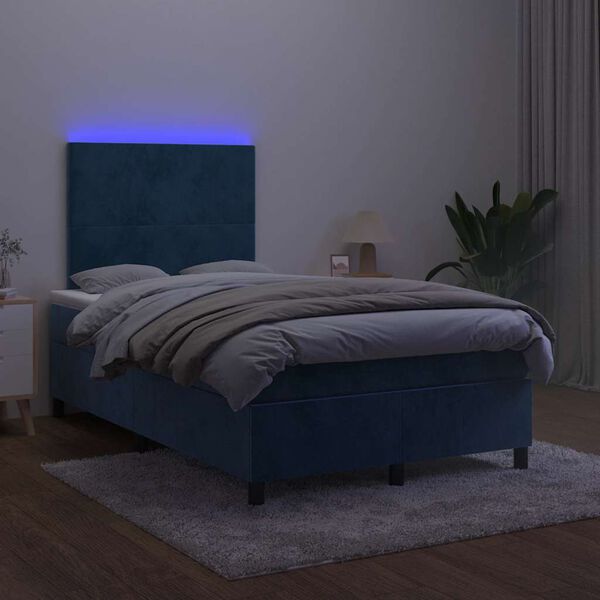 vidaXL atsperu gulta ar matraci, LED, tum&scaron;i zils samts, 120x190 cm