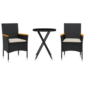 vidaXL 3-daļīgs bistro mēbeļu komplekts, matrači, melna PE rotangpalma