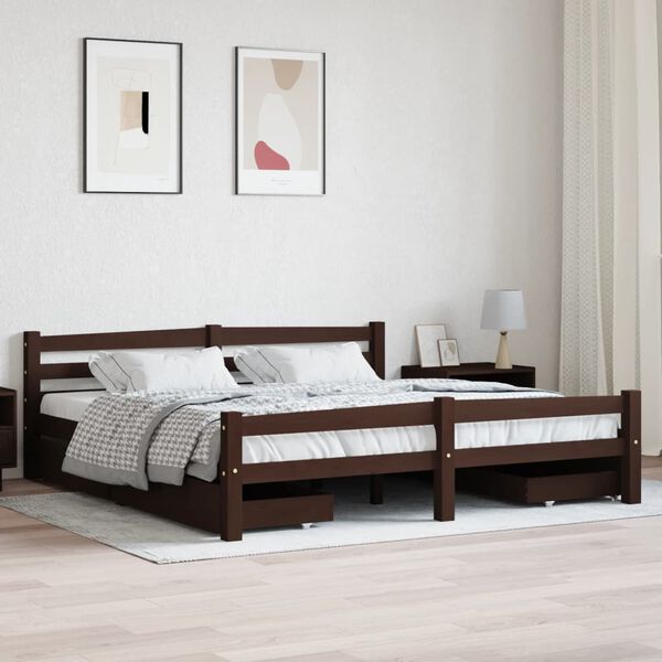 vidaXL gultas rāmis ar 4 atvilktnēm, tumši brūns, priede, 180x200 cm