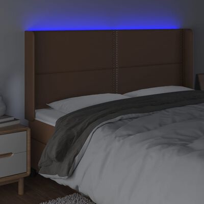 vidaXL gultas galvgalis ar LED, 203x16x118/128 cm, brūna mākslīgā āda