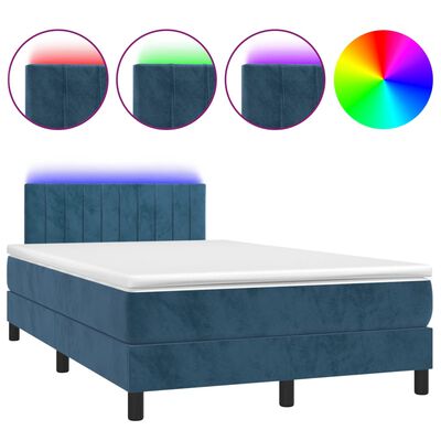 vidaXL atsperu gulta ar matraci, LED, tumši zils samts, 120x190 cm