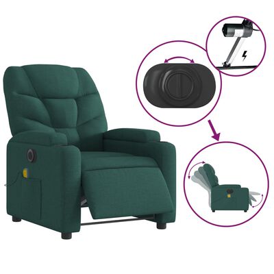 vidaXL elektrisks masāžas krēsls, atgāžams, tumši zaļš audums