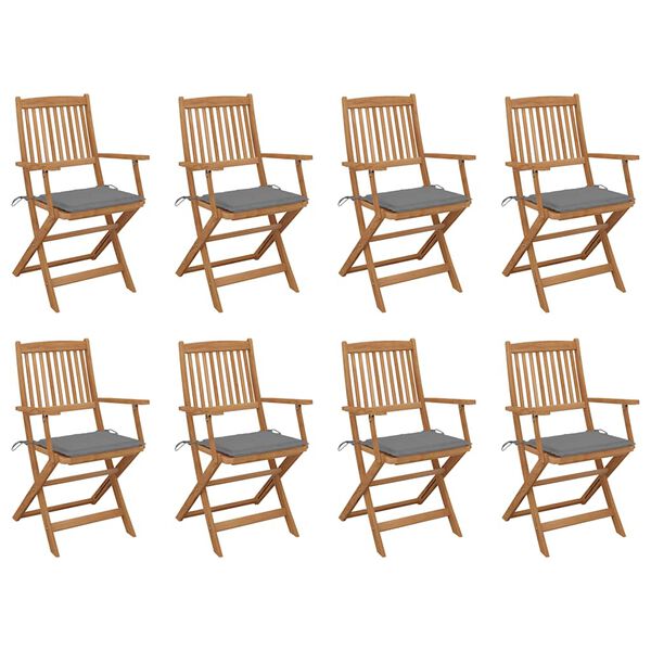 vidaXL saliekami āra krēsli ar matračiem, 8 gab., akācijas masīvkoks