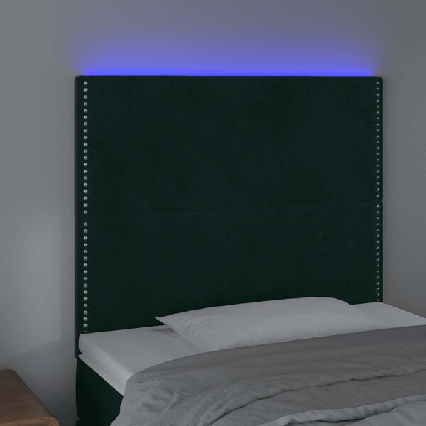 vidaXL gultas galvgalis ar LED, 100x5x118/128 cm, tum&scaron;i zaļ&scaron; samts