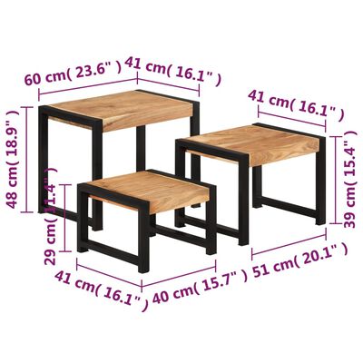 vidaXL galdiņi, 3 gab., sabīdāmi, masīvkoks ar rožkoka apdari