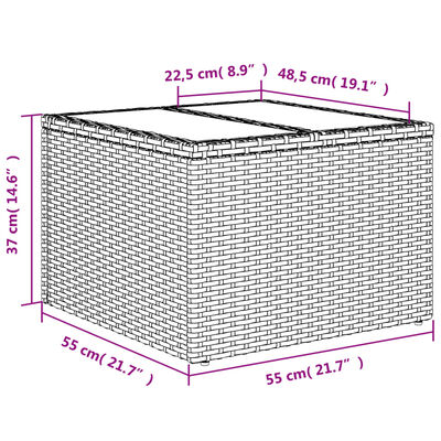 vidaXL dārza galds, stikla virsma, melns, 55x55x37 cm, PE rotangpalma