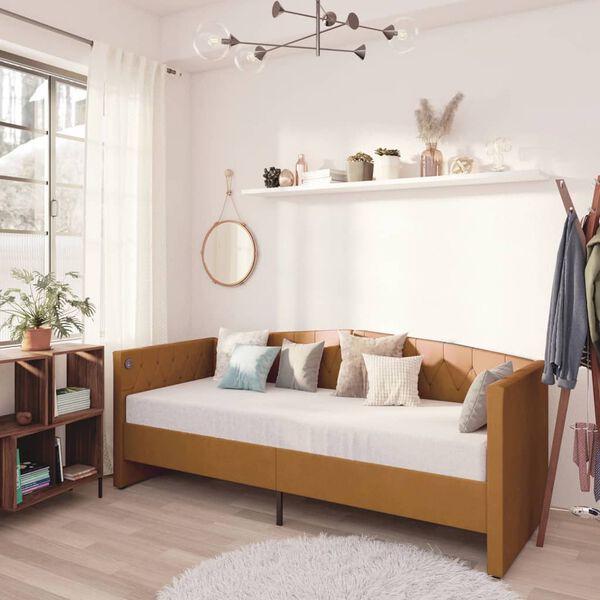 vidaXL dīvāngulta ar matraci, USB, brūns samts, 90x200 cm