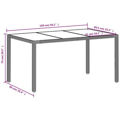 vidaXL dārza galds, stikla virsma, pelēks, 150x90x75cm, PE rotangpalma