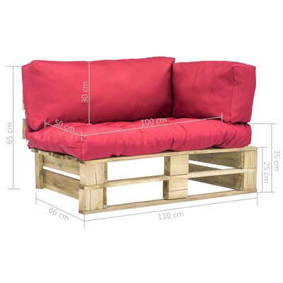 vidaXL dārza palešu dīvāns ar sarkaniem matračiem, priedes koks