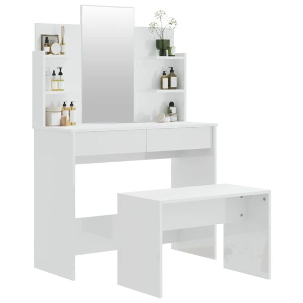 vidaXL spoguļgaldiņa komplekts, spīdīgi balts, 96x40x142 cm