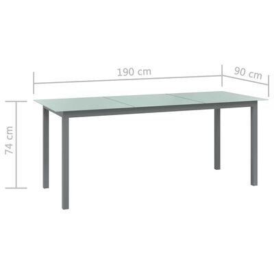 vidaXL dārza galds, gaiši pelēks, 190x90x74 cm, alumīnijs un stikls