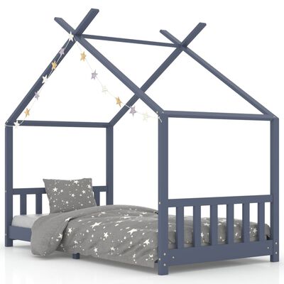vidaXL bērnu gultas rāmis, pelēks, 90x200 cm, priedes masīvkoks