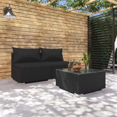 vidaXL 3-daļīgs dārza mēbeļu komplekts, matrači, PE rotangpalma, melns