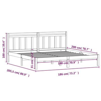 vidaXL gultas rāmis, pelēks, 180x200 cm, Super King izmērs, masīvkoks