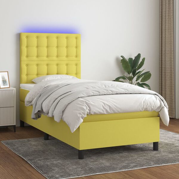 vidaXL atsperu gulta ar matraci, LED, zaļ&scaron; audums, 100x200 cm