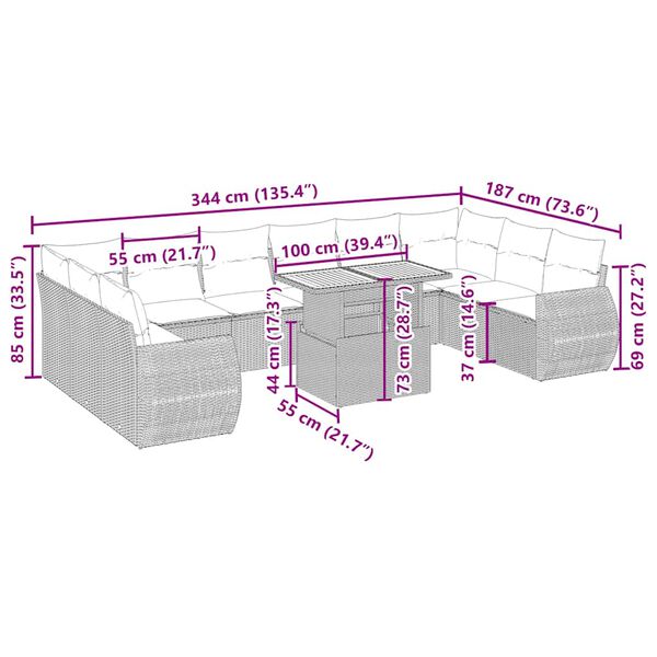vidaXL 11-daļīgs dārza dīvāna komplekts, matrači, bē&scaron;a PE rotangpalma