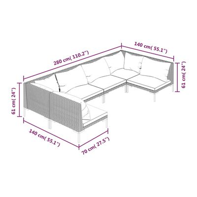 vidaXL 6-daļīgs dārza mēbeļu komplekts, matrači, pelēka PE rotangpalma