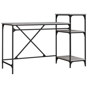 vidaXL rakstāmgalds ar plauktiem, pelēks, 135x50x90 cm, koks, dzelzs