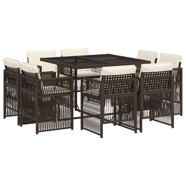 vidaXL 9-daļīgs dārza mēbeļu komplekts, matrači, brūna PE rotangpalma