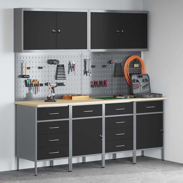 vidaXL Darba skapis ar slēdzeni 10 pcs Melna Inženieru koks un tērauds