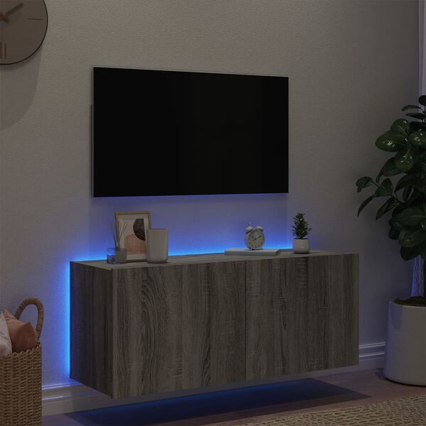 vidaXL TV skapītis ar LED lampiņām, pelēka ozola krāsa, 100x35x41 cm