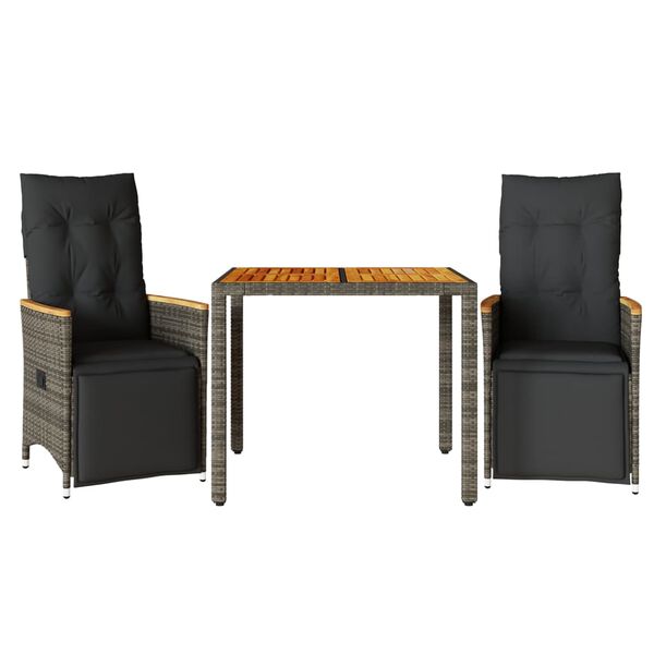 vidaXL 3-daļīgs bistro mēbeļu komplekts, matrači, pelēks PE