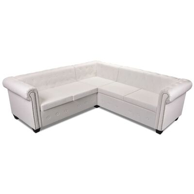 vidaXL piecvietīgs Chesterfield stūra dīvāns, balta mākslīgā āda