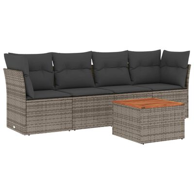 vidaXL 5-daļīgs dārza dīvāna komplekts ar matračiem, pelēks PE pinums