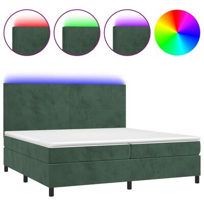 vidaXL atsperu gulta ar matraci, LED, tumši zaļš samts, 200x200 cm