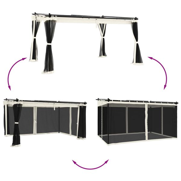 vidaXL dārza nojume ar tīkla sienām, 4x3 m, tērauds, krēmkrāsas