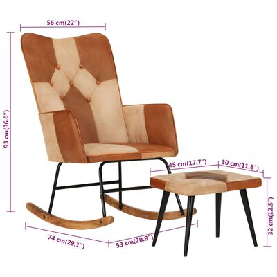 vidaXL šūpuļkrēsls ar kājsoliņu, brūna dabīgā āda un audums