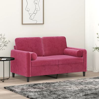vidaXL divvietīgs dīvāns ar spilveniem, vīnsarkans, 120 cm, samts