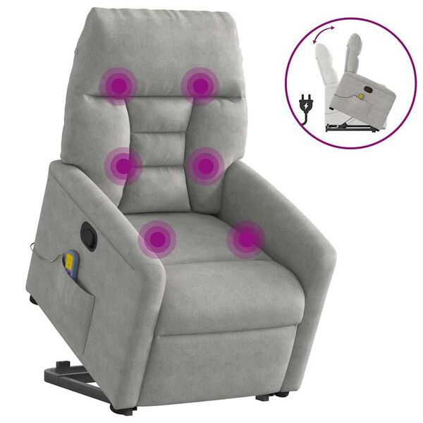 vidaXL masāžas krēsls, paceļams, gai&scaron;i pelēks mikro&scaron;ķiedras audums