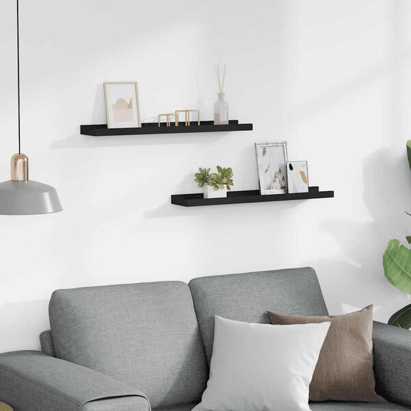 vidaXL sienas plaukti ar apmalēm, 2 gab., melni, 60x9x3 cm, MDF