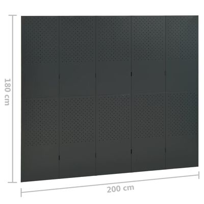 vidaXL 5-paneļu istabas aizslietnis, pelēks, 200x180 cm, tērauds